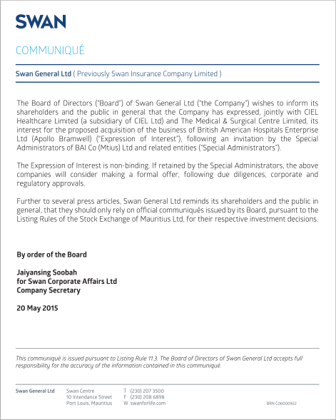 COMMUNIQUÉ - Swan General Ltd ( Previously Swan Insurance Company Limited )