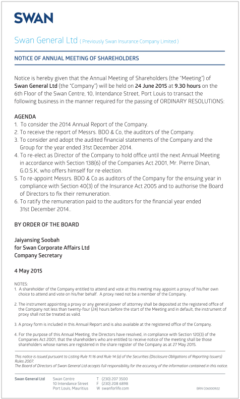 SWAN General Ltd - Notice of Annual Meeting of Shareholders - 4 May 2015
