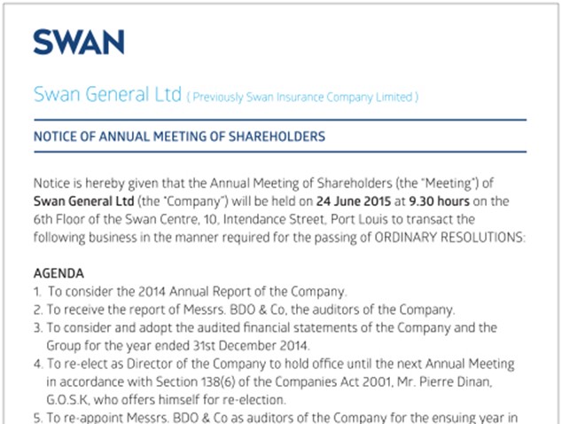 SWAN General Ltd - Notice of Annual Meeting of Shareholders - 4 May 2015