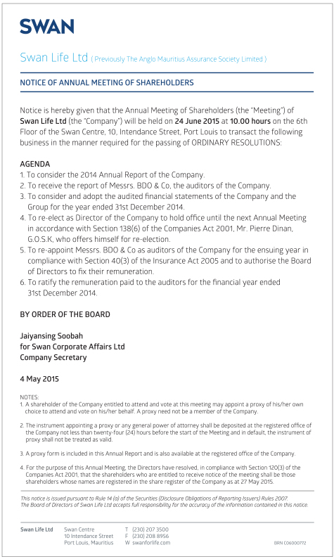 SWAN Life Ltd - Notice of Annual Meeting of Shareholders - 4 May 2015