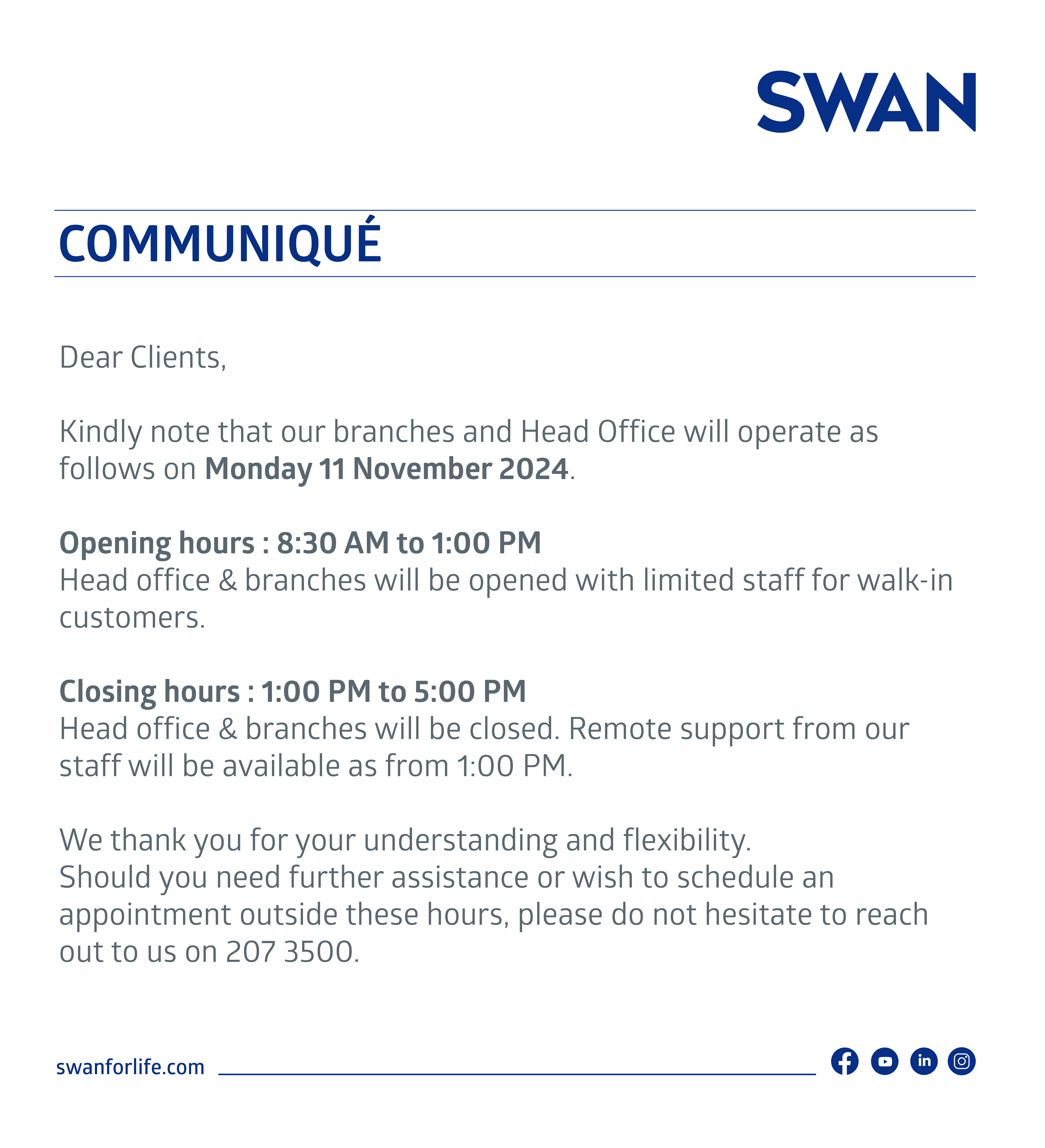 Special Branch & Head Office Operating Hours – Monday 11 November 2024