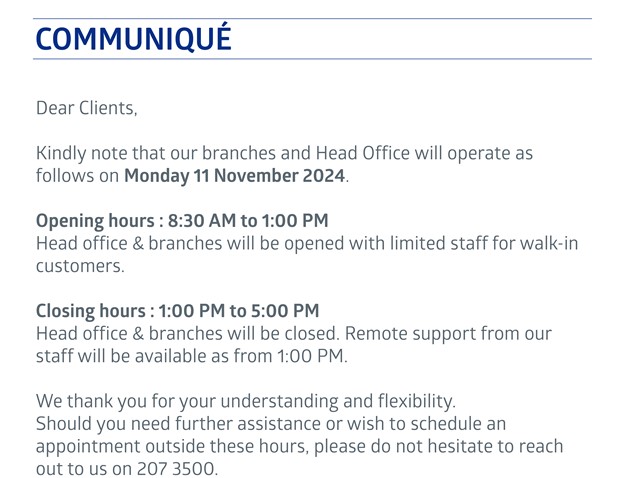 Special Branch & Head Office Operating Hours – Monday 11 November 2024