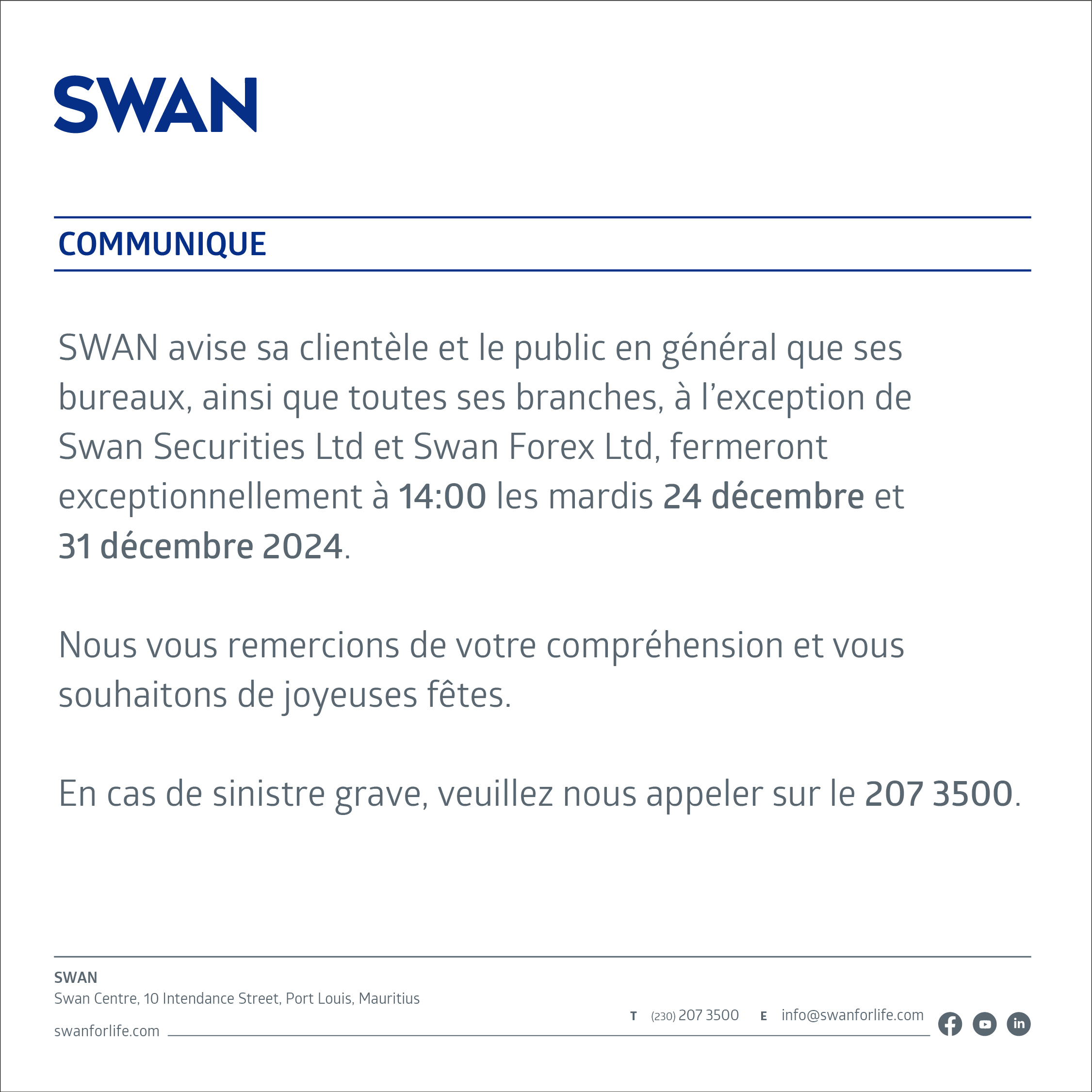 Early Closure- 24th and 31st of December