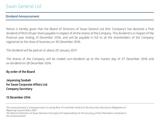 Dividend Announcement - Swan General Ltd