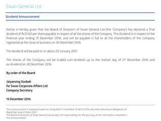 Dividend Announcement - Swan General Ltd