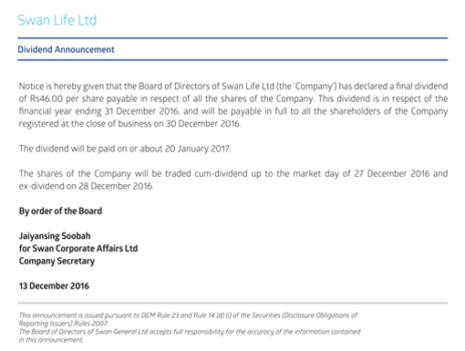 Dividend Announcement - Swan Life Ltd