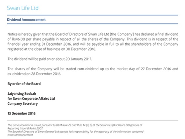 Dividend Announcement - Swan Life Ltd