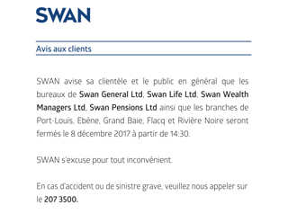Avis aux clients - Fermeture des bureaux SWAN